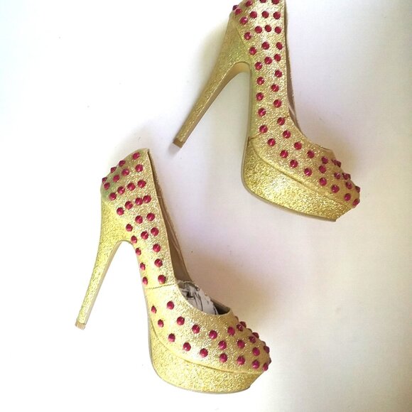 "Ami Clubwear" Size 6.5 Stripper Platform Pumps Heels Gold Sparkle, Pink Bubbles - Picture 10 of 15